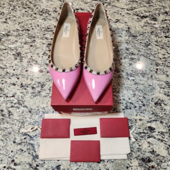 NEW Valentino Garavani Rockstud Patent Barbie Pink Leather Flats Size 38.5 - Picture 5 of 12